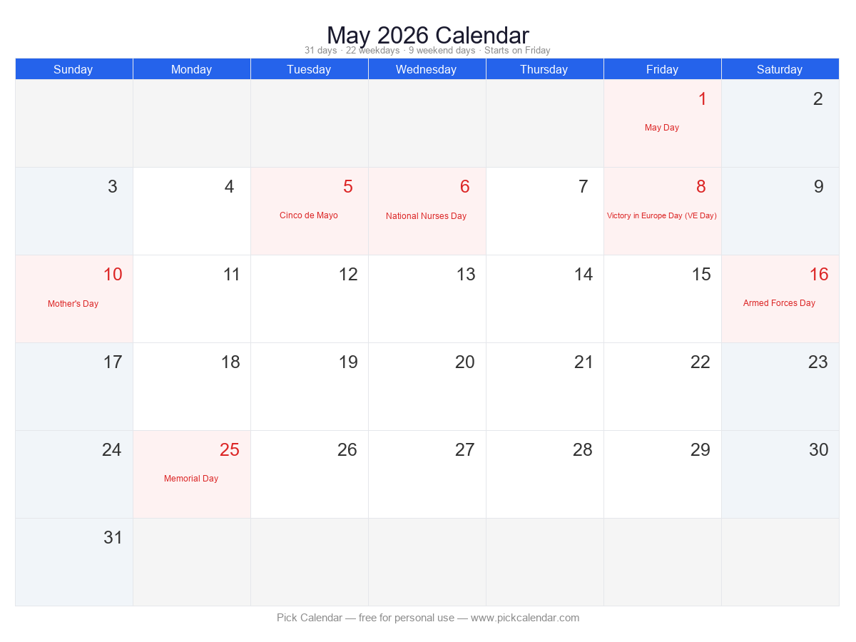 Standard Calendar with Holidays — May 2026
