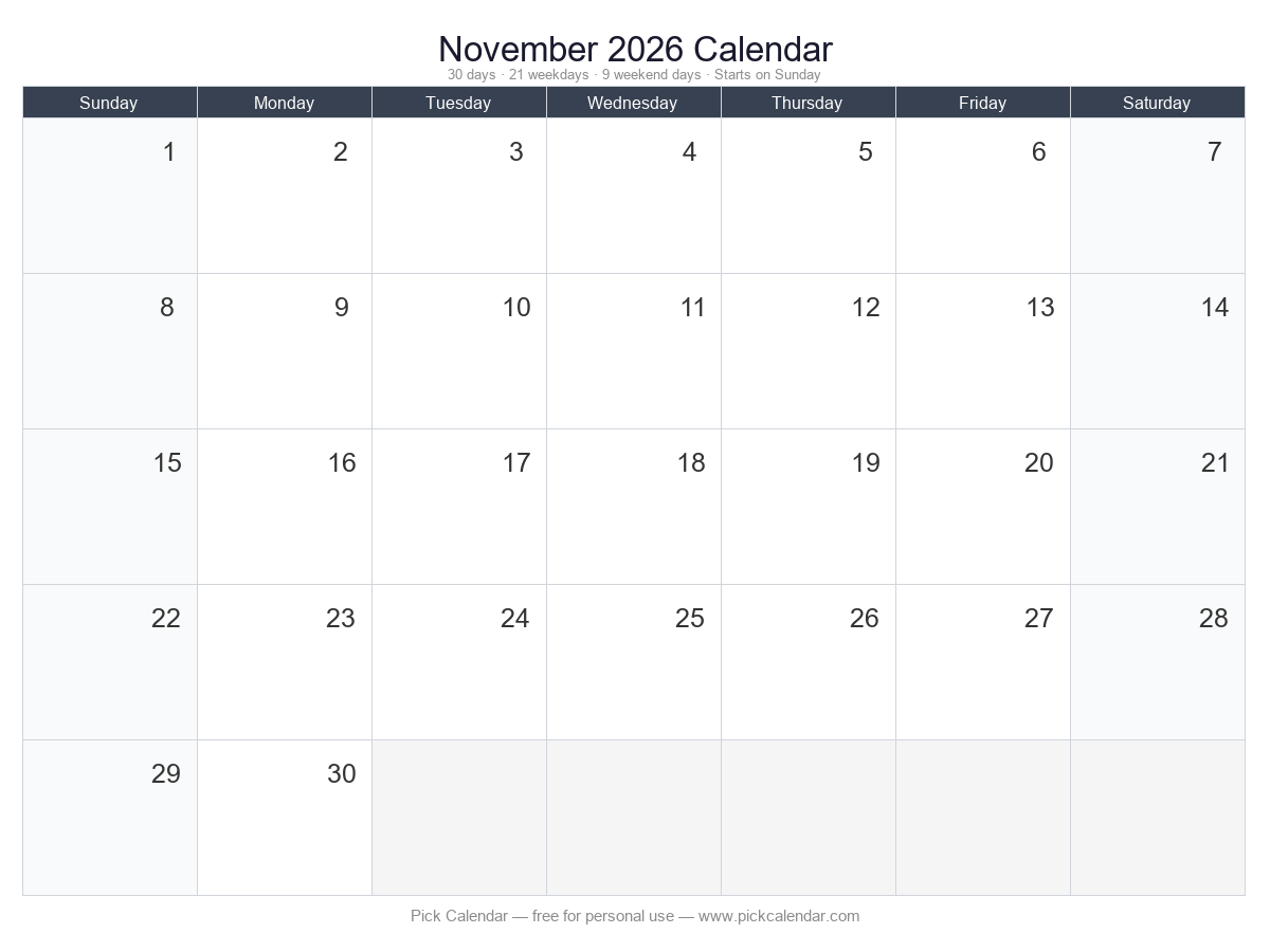 Blank Calendar (Customizable) — November 2026