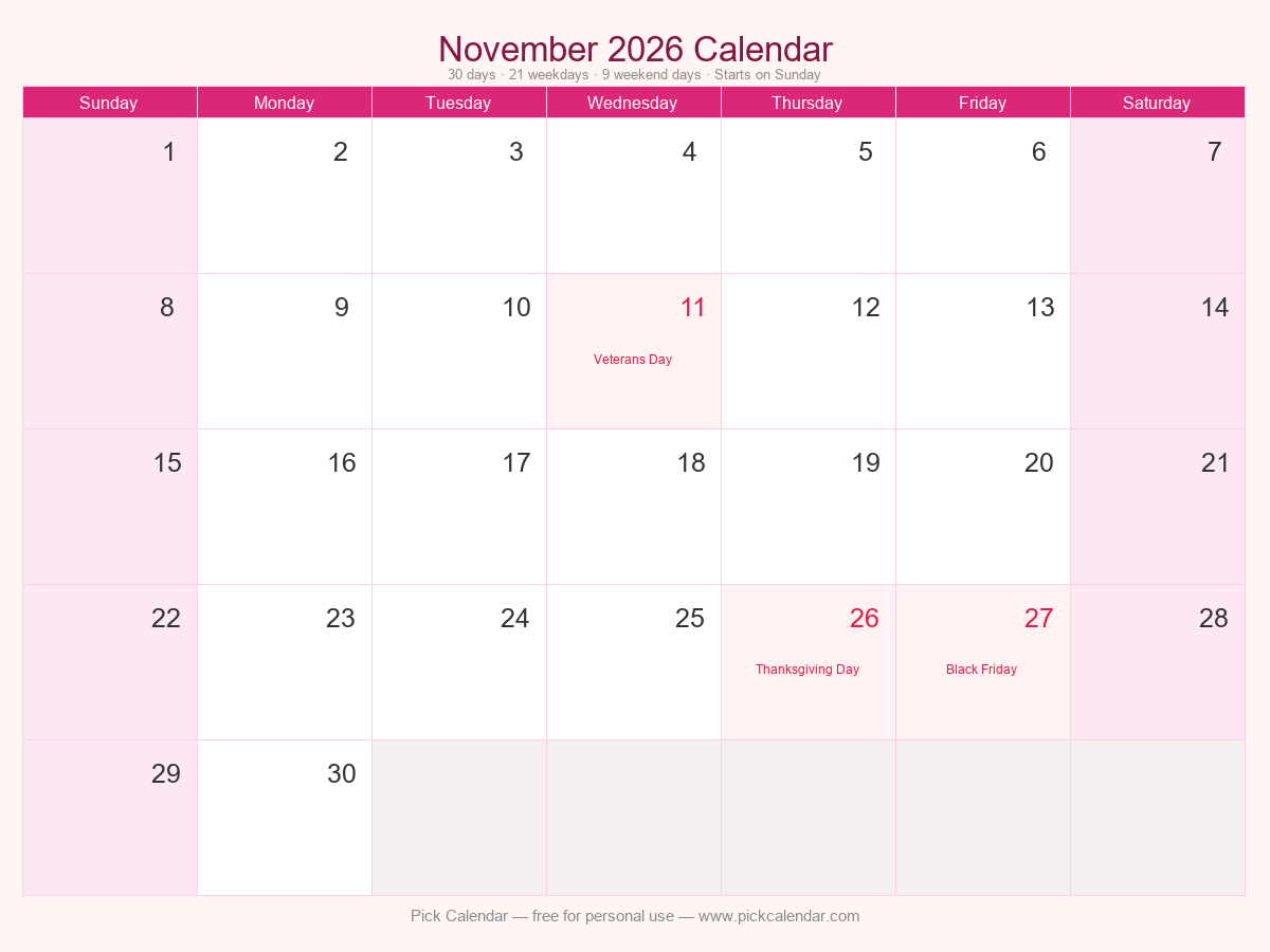 November 2026 printable calendar