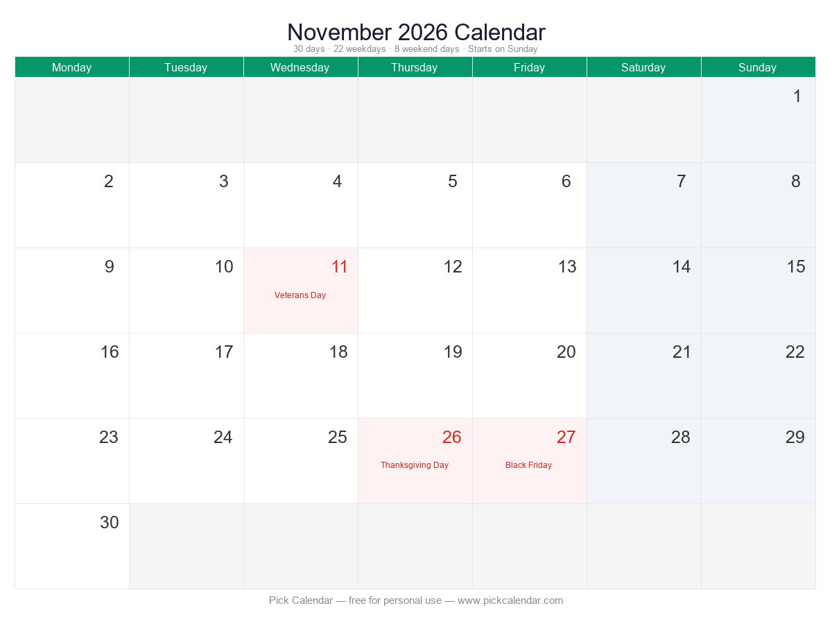 Calendar — Week Starts Monday — November 2026