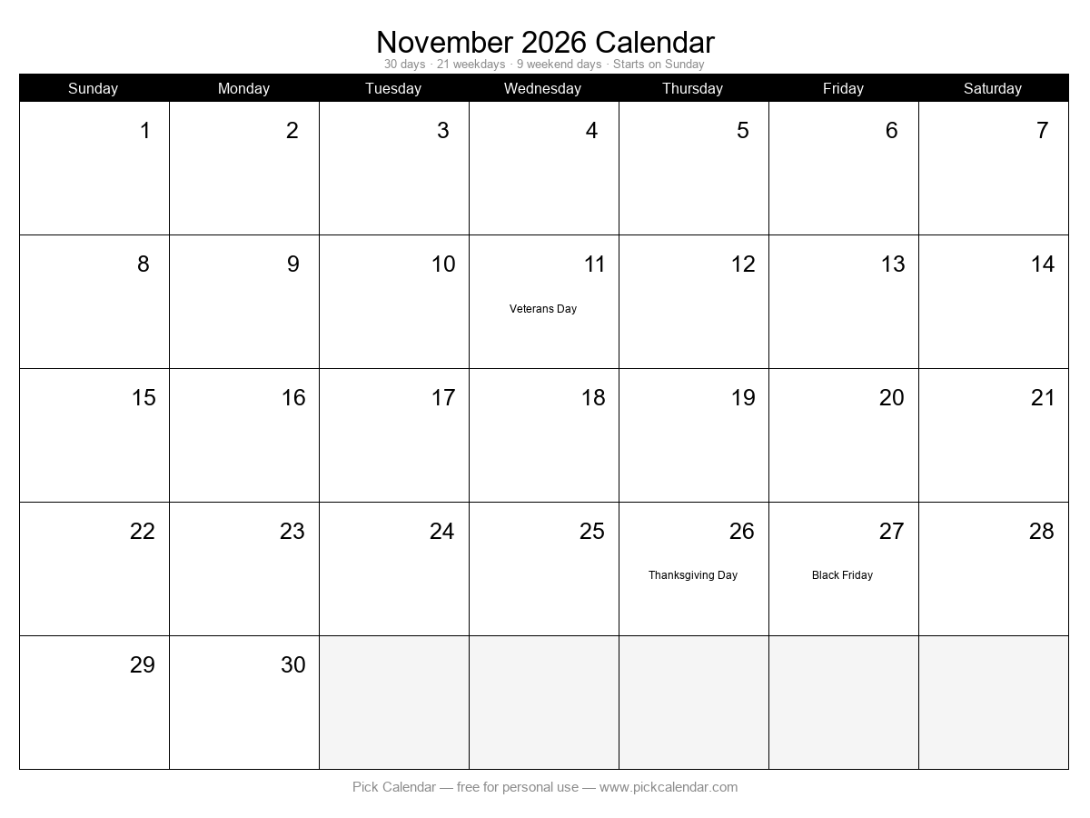 Printable Minimal Calendar — November 2026