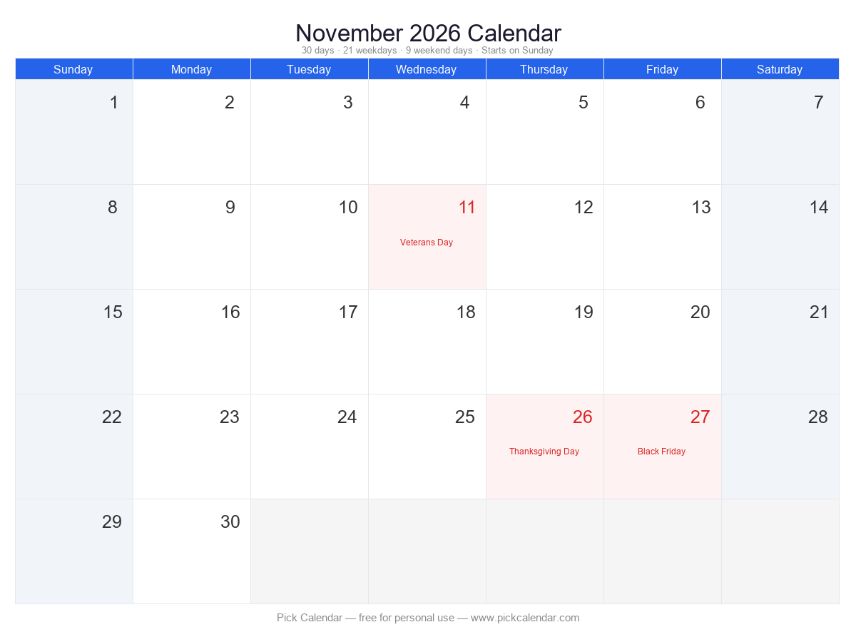 Standard Calendar with Holidays — November 2026