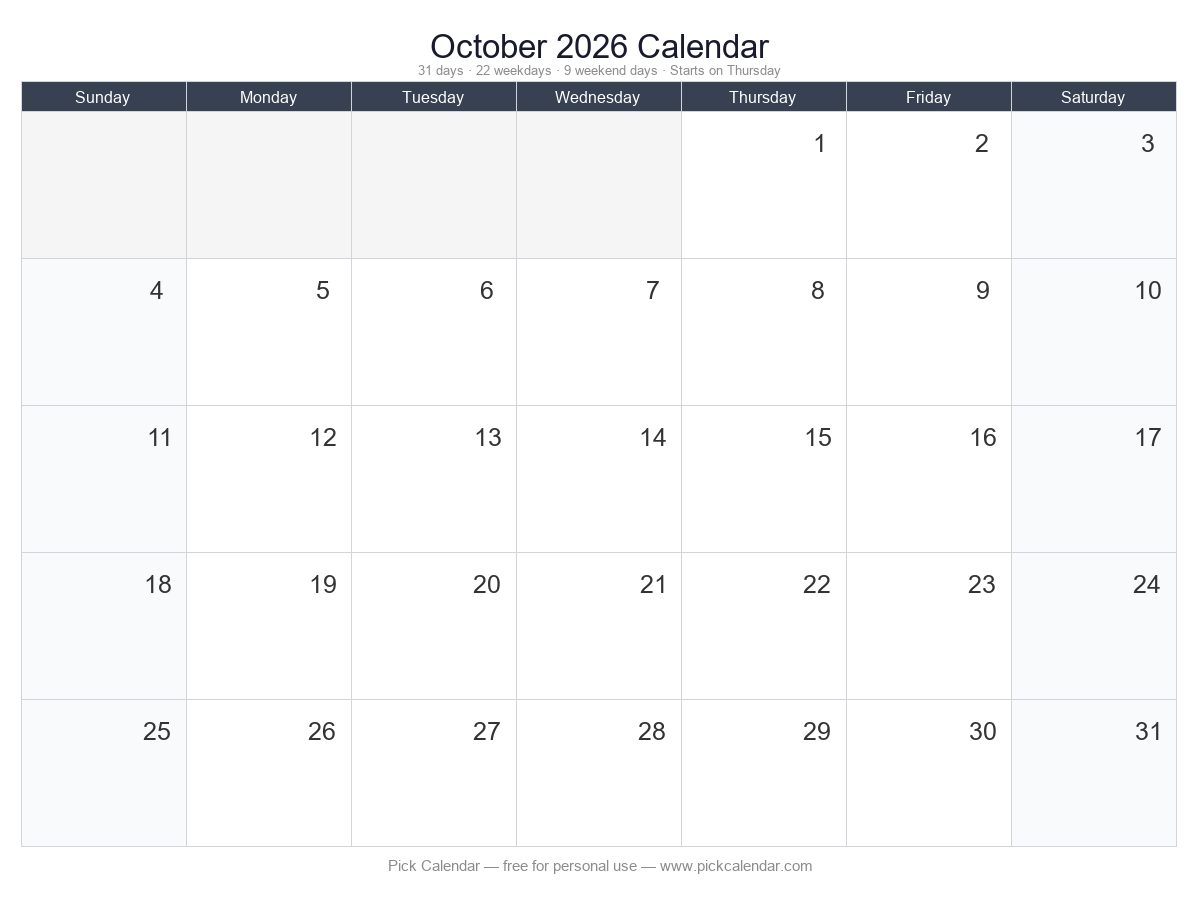 Blank Calendar (Customizable) — October 2026