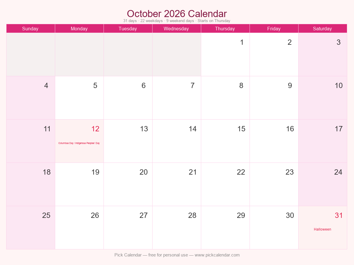 Stylish Themed Calendar — October 2026