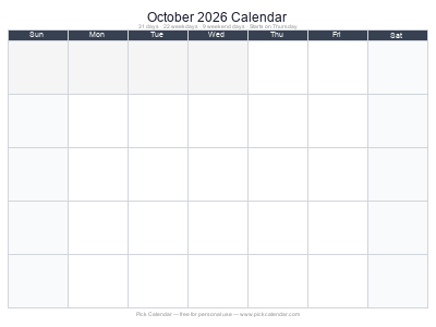 October 2026 Empty Calendar