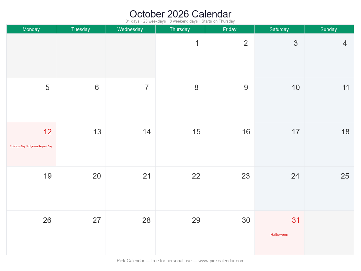 October 2026 printable calendar