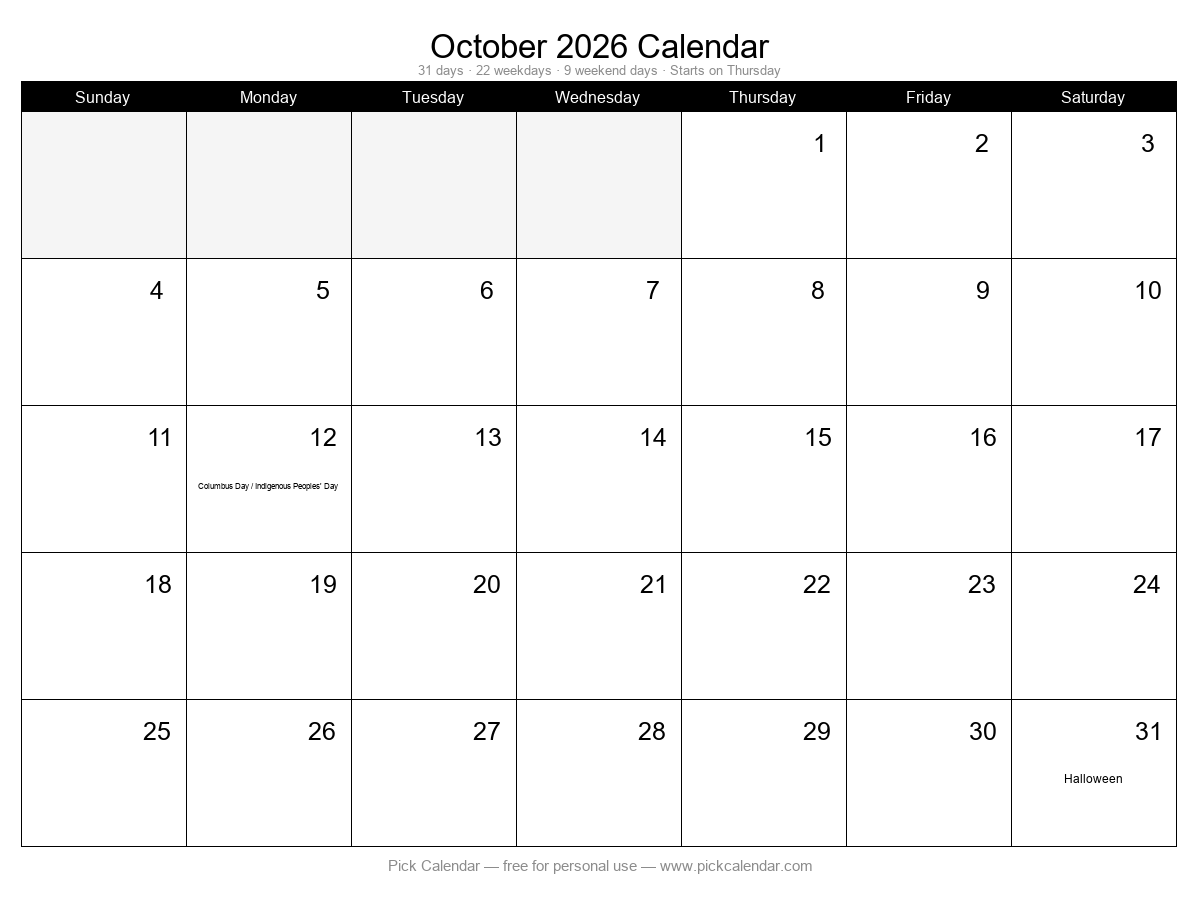 Printable Minimal Calendar — October 2026