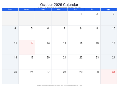 October 2026 Calendar