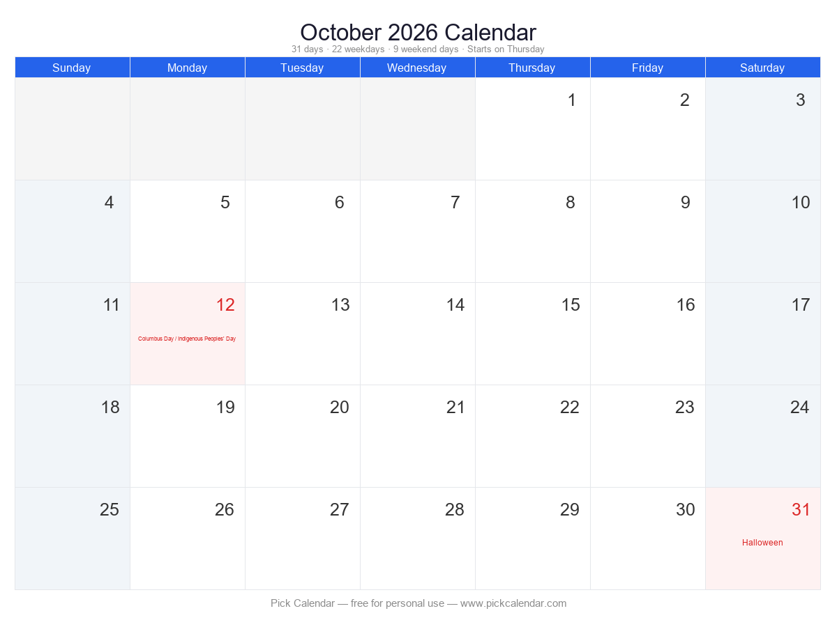 Standard Calendar with Holidays — October 2026
