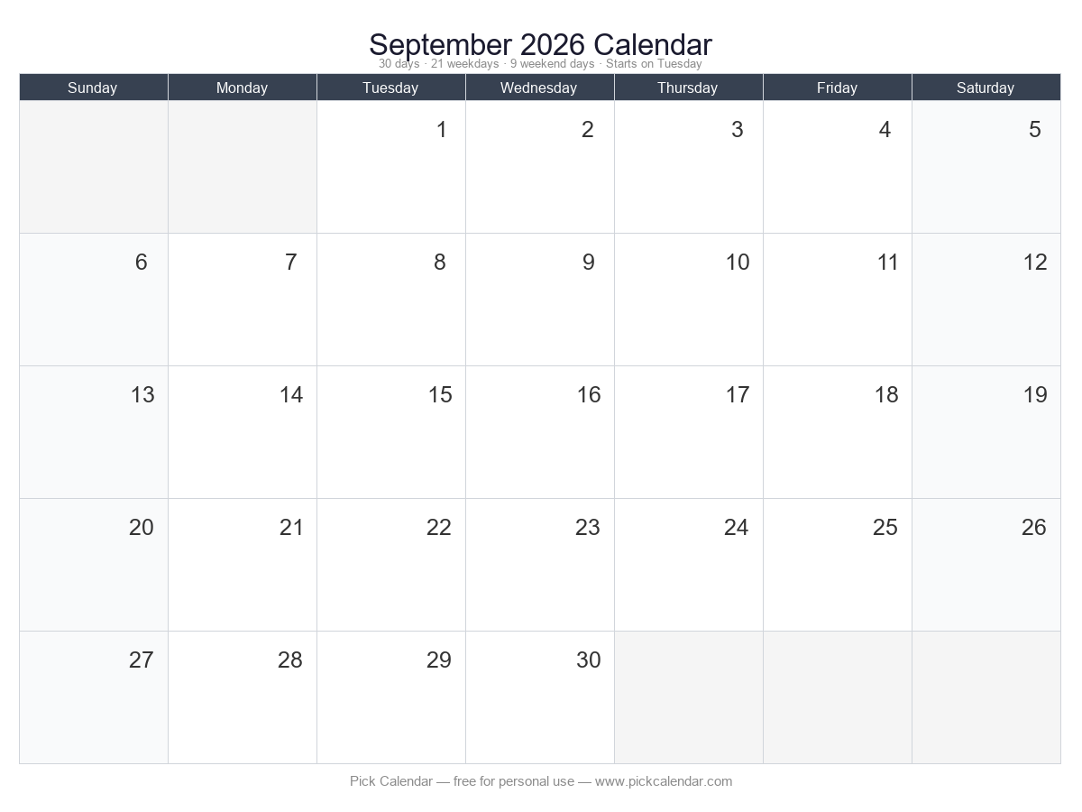 Blank Calendar (Customizable) — September 2026