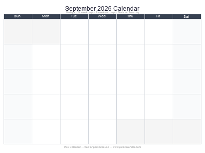 September 2026 Empty Calendar