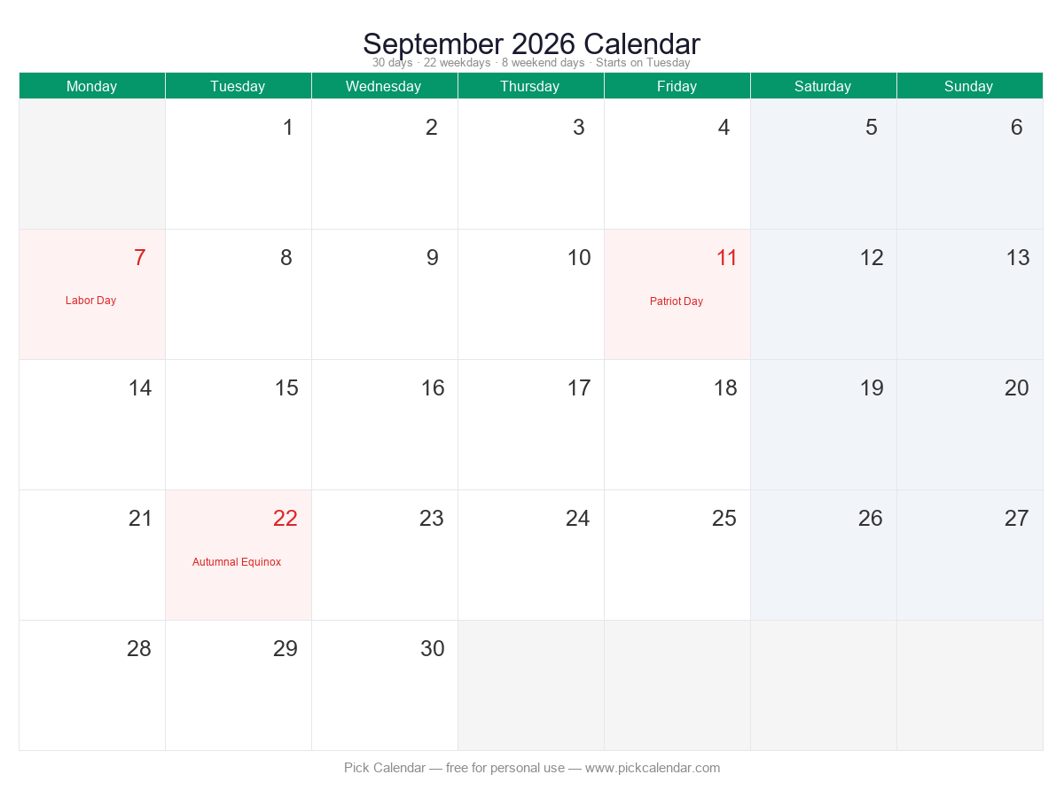 Calendar — Week Starts Monday — September 2026