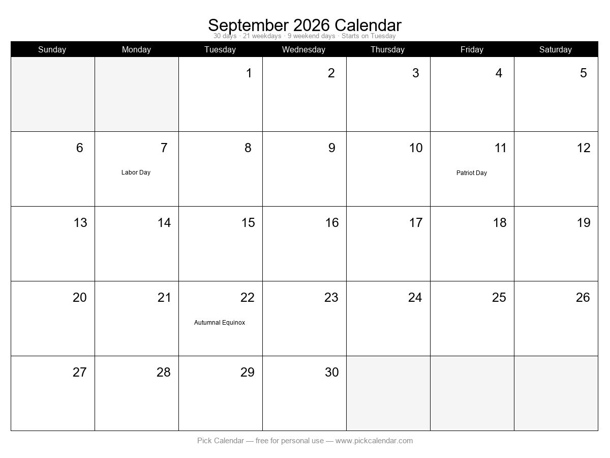 September 2026 printable calendar