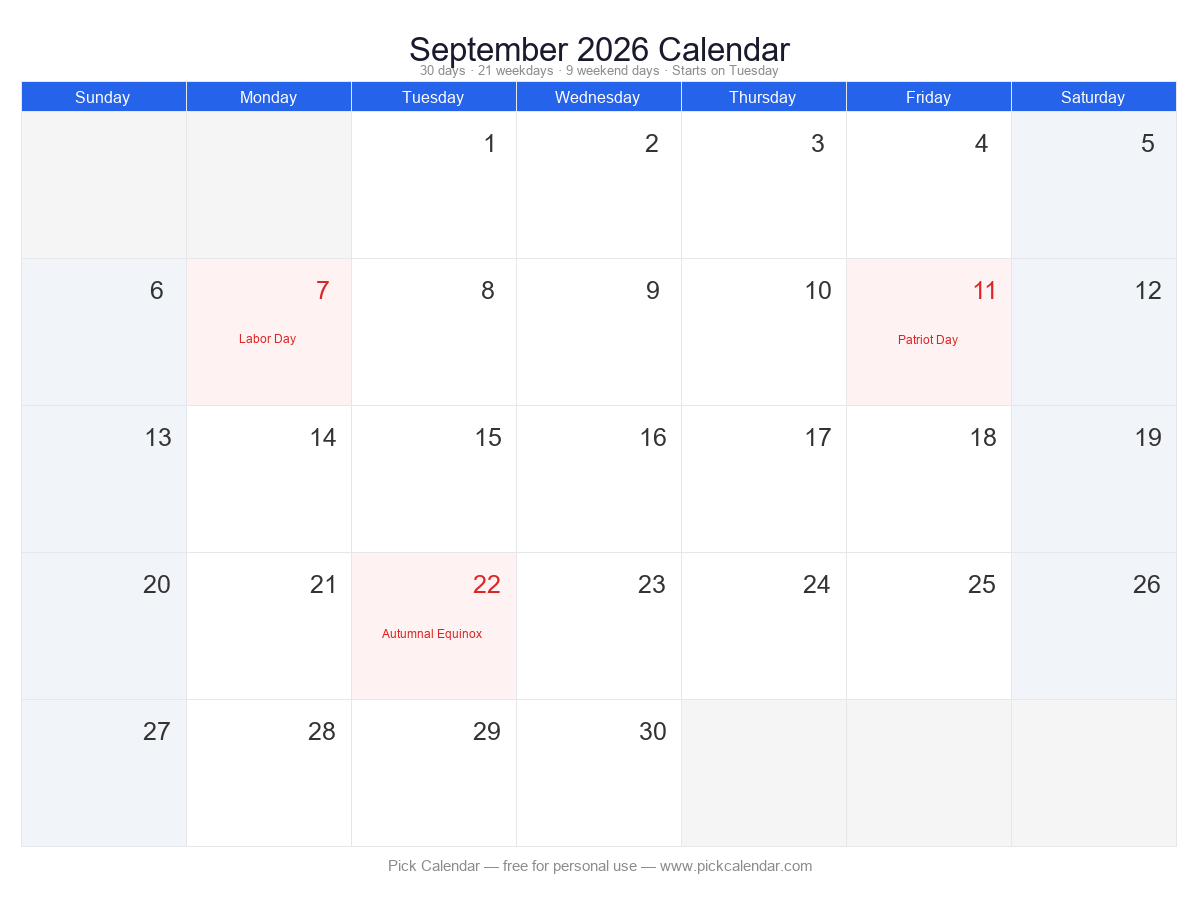 Standard Calendar with Holidays — September 2026